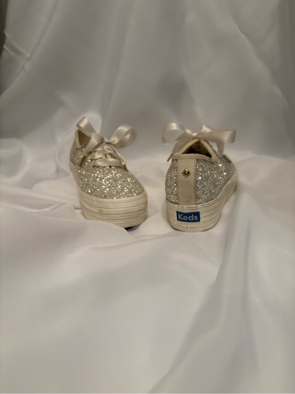 Kate Spade Keds Kids Glitter Sneakers in Silver with Satin Ribbon Laces